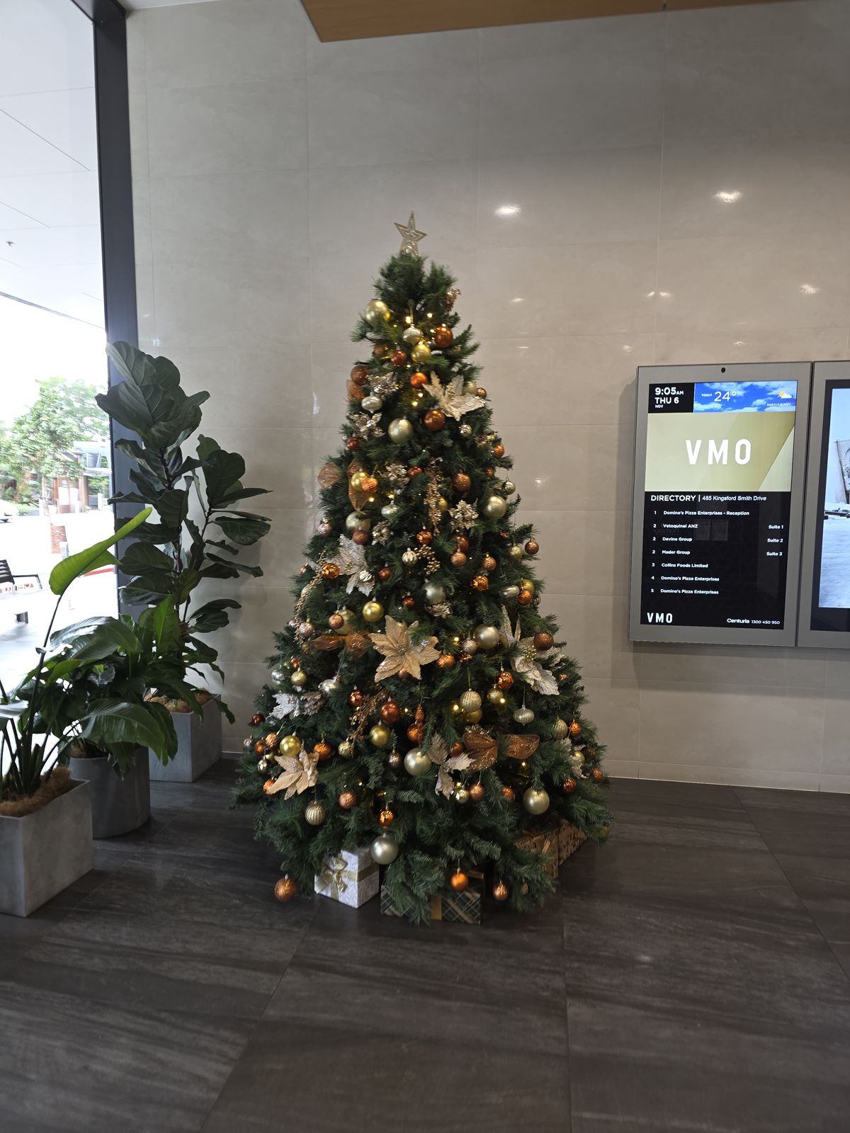 Red and gold tree in a street-level foyer
