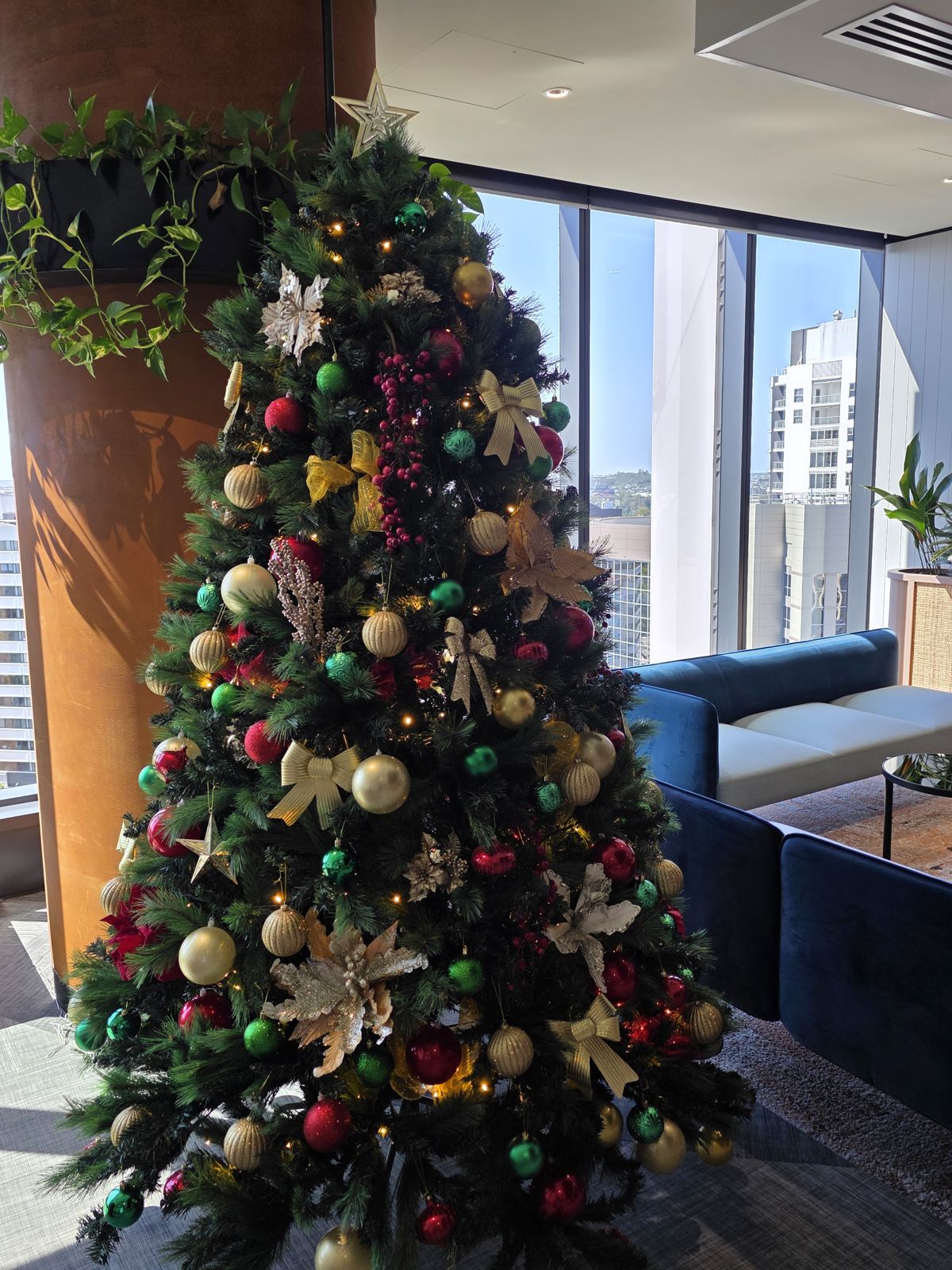 Traditional red green and gold tree