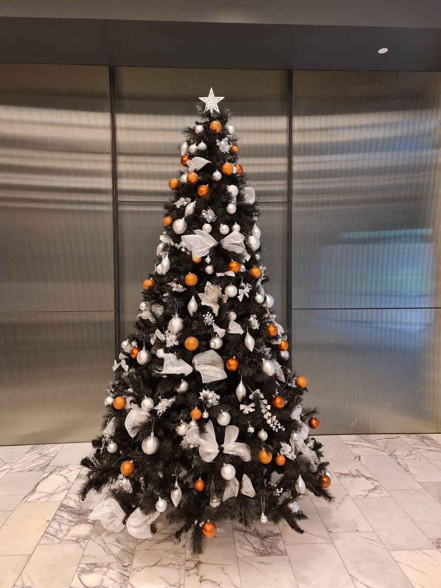 Copper and silver on black Christmas tree theme