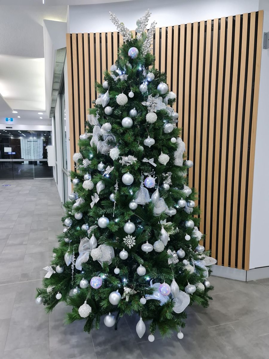 Silver and white Christmas tree theme